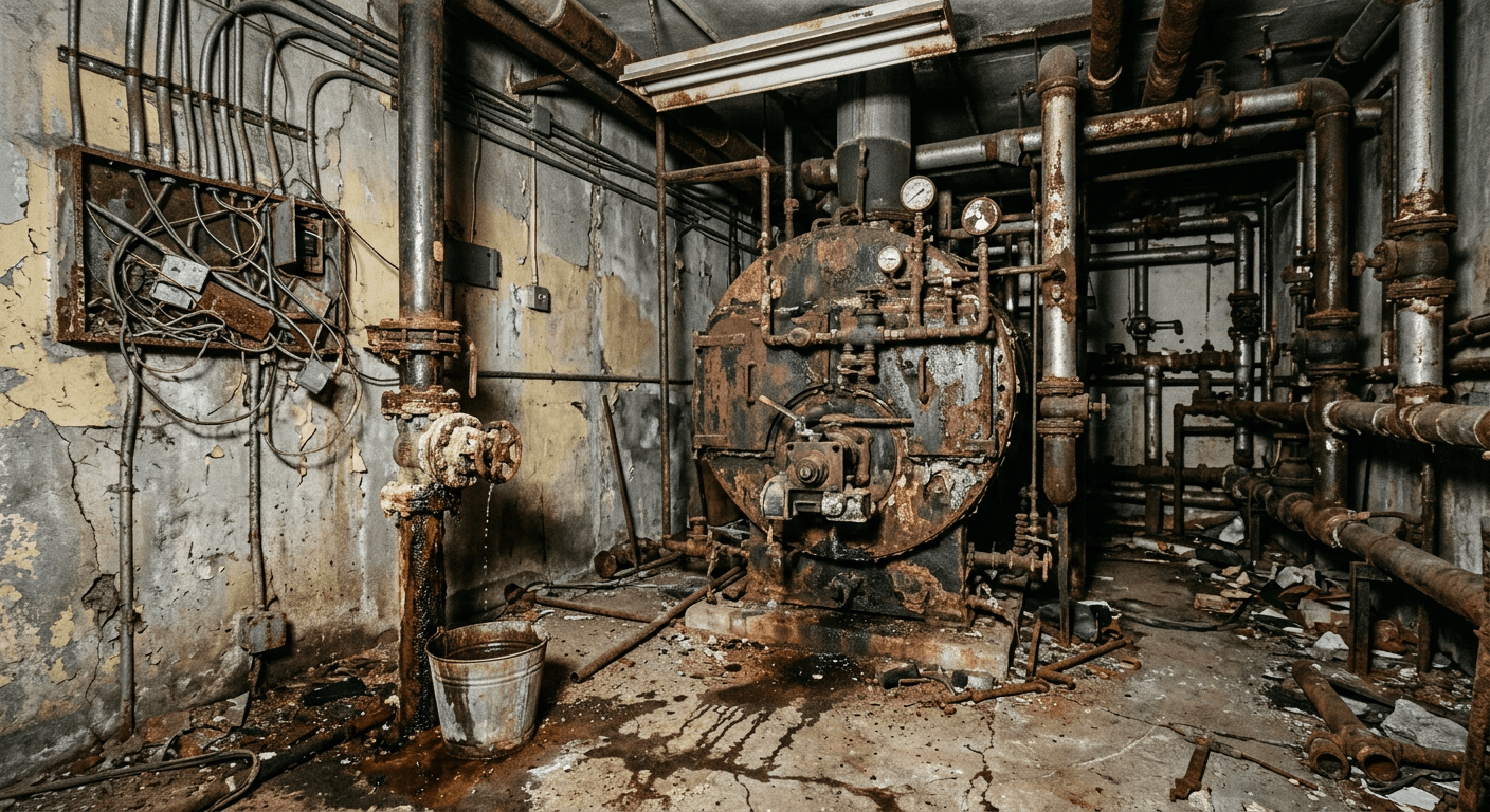 Aging, corroded boiler room piping in a Reno commercial building before upgrade