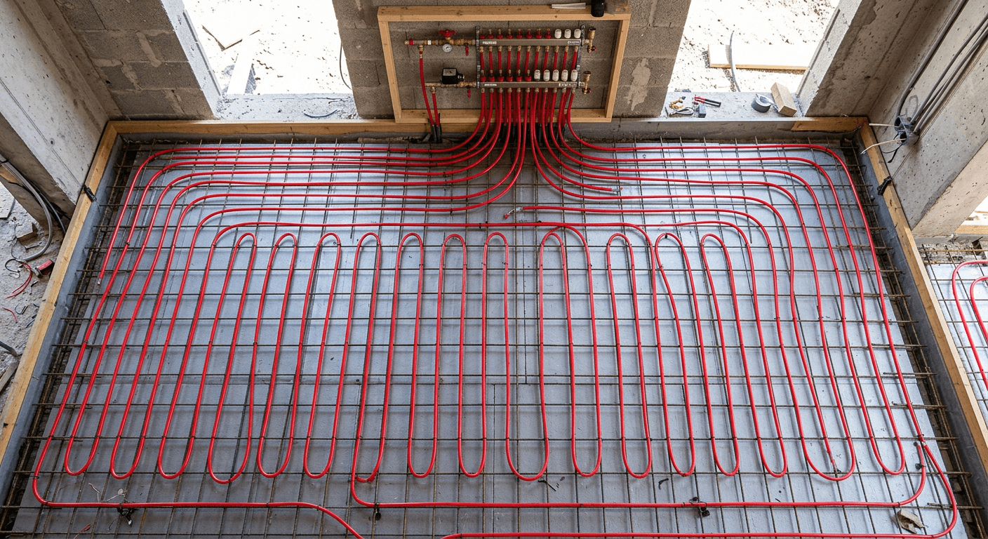 PEX radiant floor heating tubing installed before a concrete pour