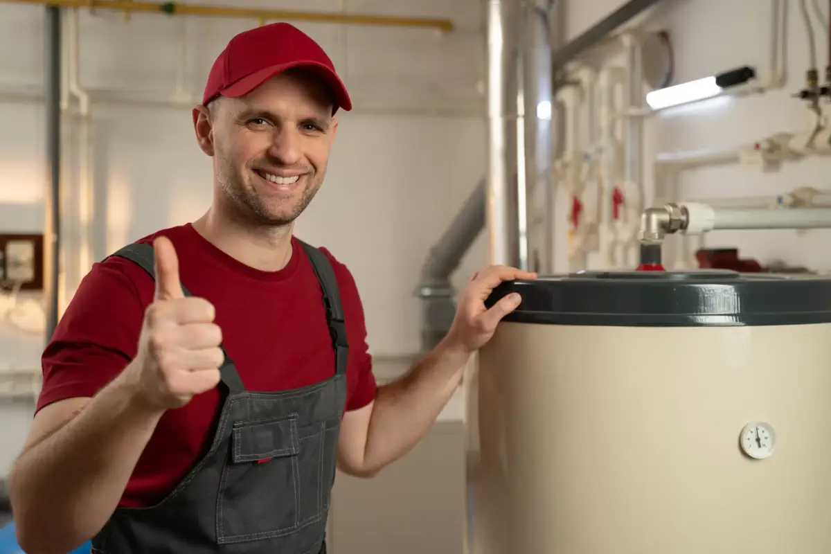 Plumber inspecting a water heater