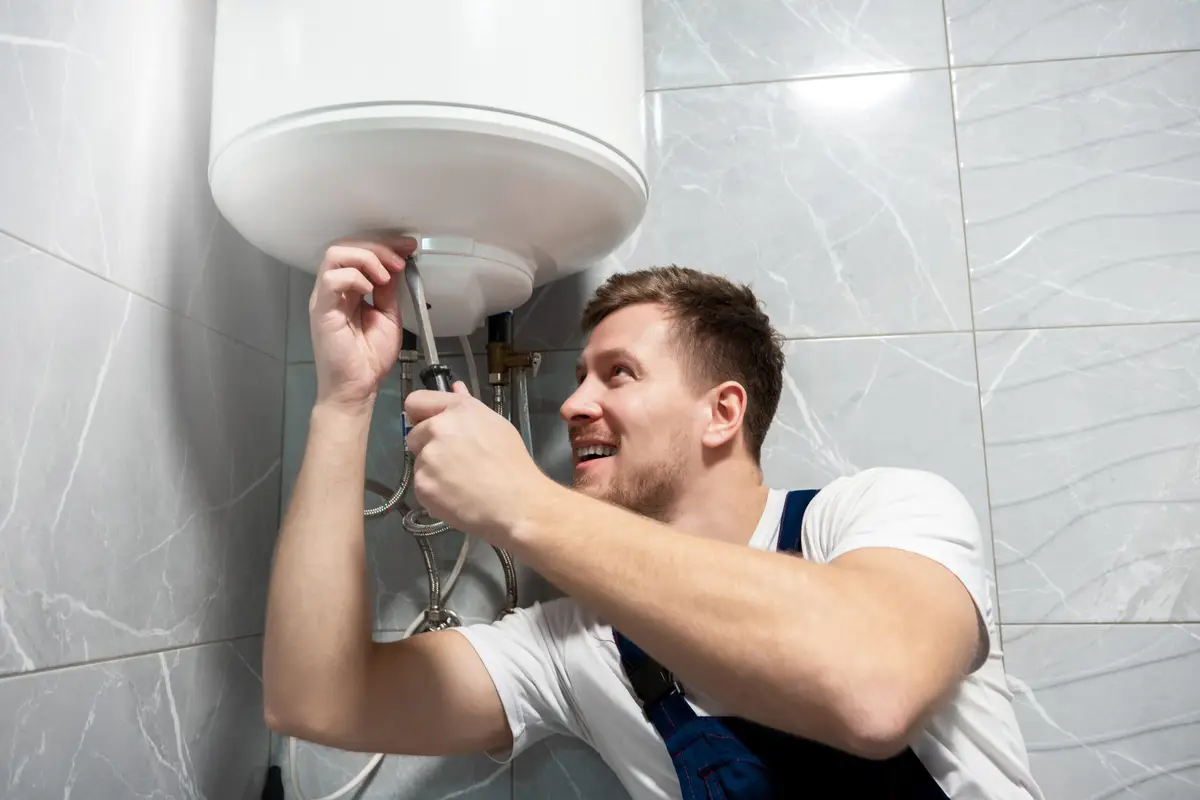 Water heater technician on a service call